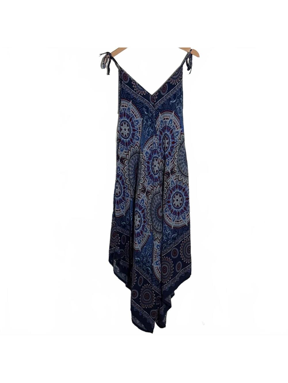 India Boutique Maxi Romper Women’s Blue Mandala Boho Handkerchief Hem Tie Strap